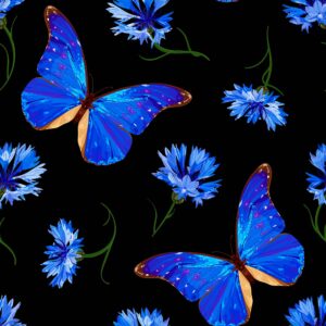 Trikotaaž sinised liblikad ja rukkililled